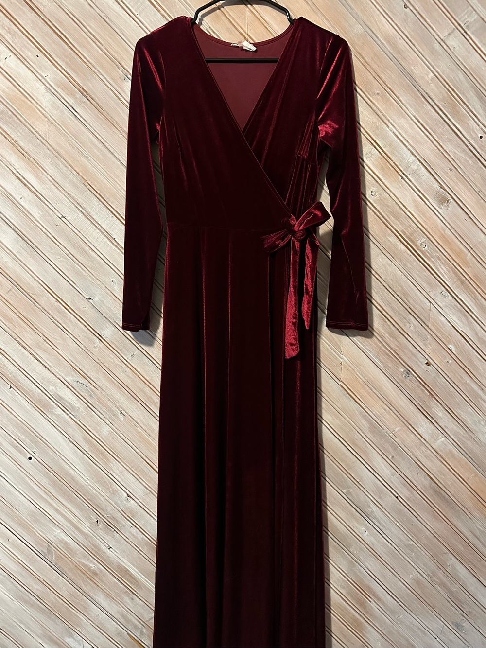 Soprano Deep Red Burgundy Velvet Wrap Floor Length Maxi Dress Bow Tie Waist